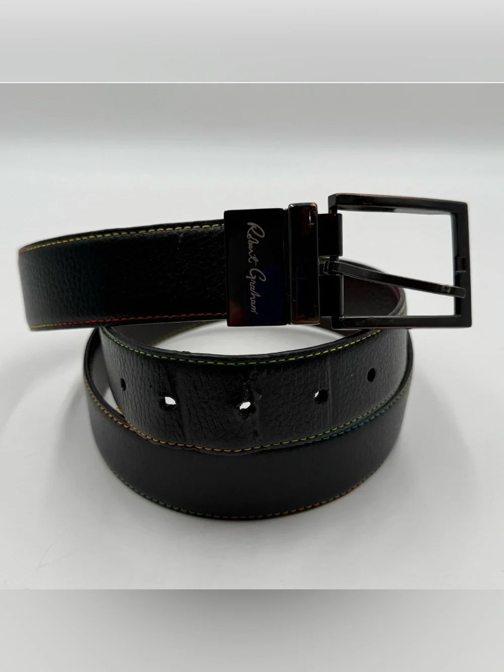 Robert Graham Black/Brown Faux Leather Belt Reversible Rainbow Stitching Retro